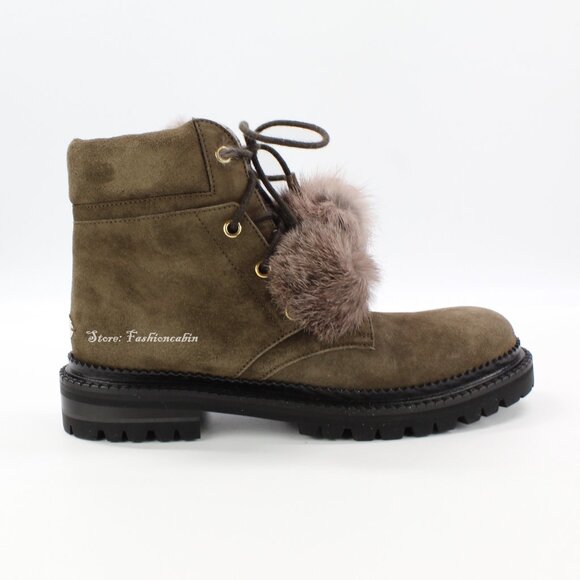 NEW JIMMY CHOO Pom-Pom Suede Fur | Cozy Cold Weather Suede Lace-Up Boots/Booties - Picture 8 of 15